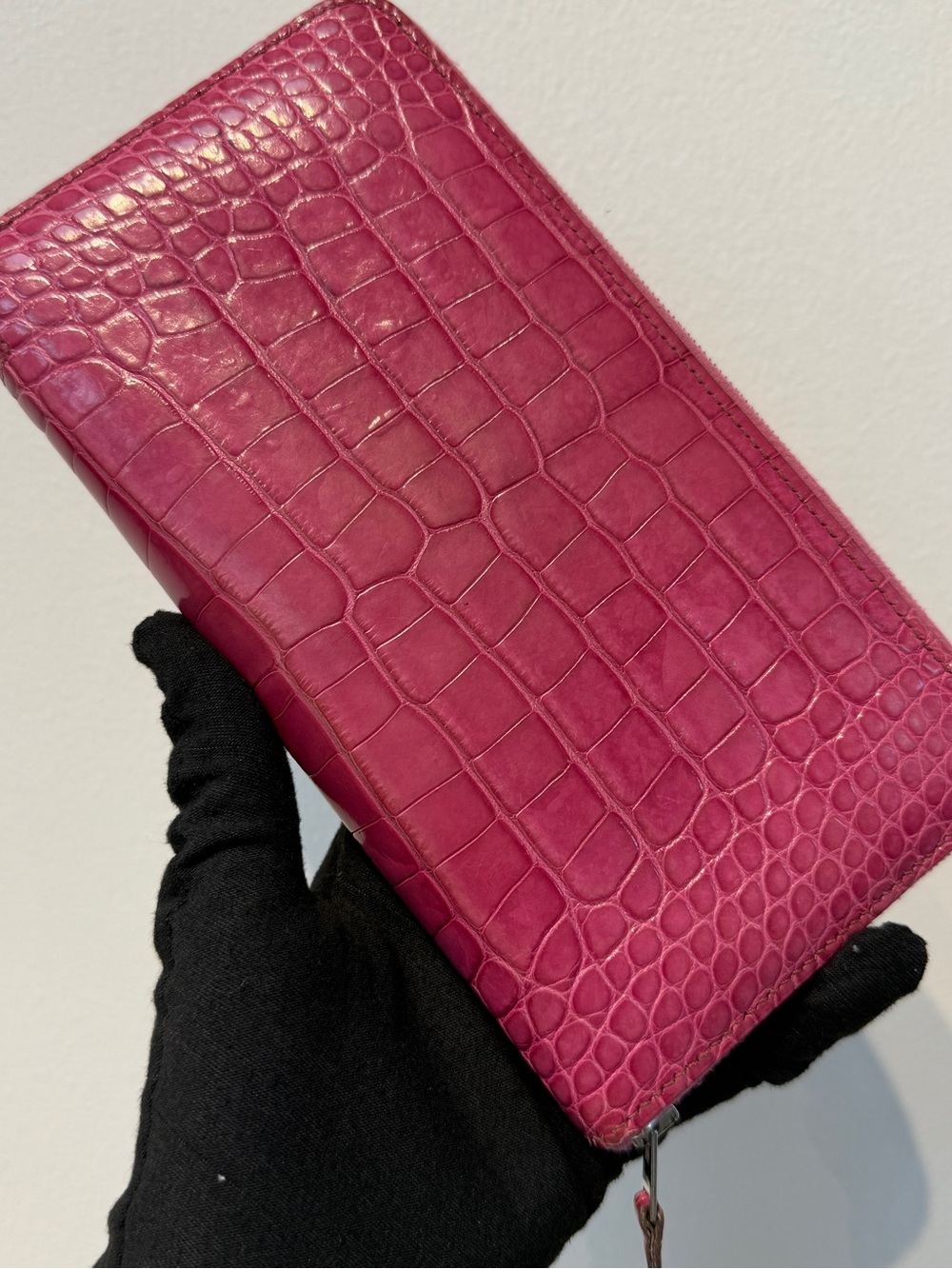 Hermès Pink Crocodile-Pattern Zip-Around Long Wallet